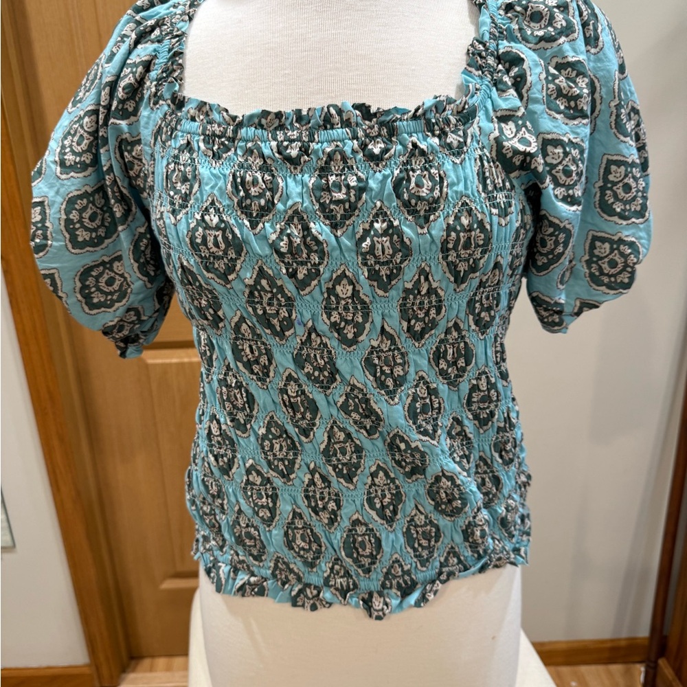 Maurices Teal Smocked Square-Neck Puff Sleeve Crop Top